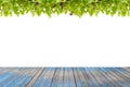 Wood floor with Beautiful Green leaves frame on white background