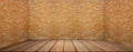 Wood floor and brick wall, empty room for background. Big empty room in grange style with wooden floor, Royalty Free Stock Photo