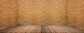 Wood floor and brick wall, empty room for background. Big empty room in grange style with wooden floor, Royalty Free Stock Photo