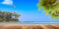 Wood floor with coconut palm trees on tropical island and airplane,concept summer and travel background. Royalty Free Stock Photo