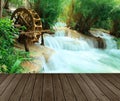 Wood floor perspective and natural mountain waterfall ,Tat Guangxi Waterfall, Luang Prabang. Royalty Free Stock Photo