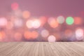 Wood floor terrace or wooden table with blur background rooftop perspective view city night light bokeh Royalty Free Stock Photo