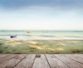 Wood floor top on blue sea in morning light Royalty Free Stock Photo