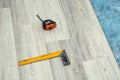 Wood flooring installation and tools Royalty Free Stock Photo