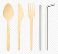 Wood fork, spoon knife and steel straws top view Royalty Free Stock Photo