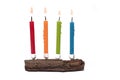 wood four burning birthday candles white background Royalty Free Stock Photo