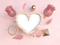 Levitation objects wood frame heart shape 3d rendering pink rose valentine love concept Royalty Free Stock Photo