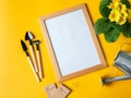 Wood frame for text, yellow primrose flower, garden tools and seeds in paper bags on a yellow background. Top view Royalty Free Stock Photo