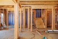 Wood framing work in progress with wood framing walls and ceiling or floor joist on new construction building Royalty Free Stock Photo