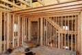 Wood framing work in progress with wood framing walls and ceiling or floor joist on new construction building Royalty Free Stock Photo