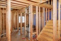 Wood framing work in progress with wood framing walls and ceiling or floor joist on new construction building Royalty Free Stock Photo