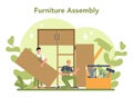 Wood furniture assembly. Professional worker assemblying closet.