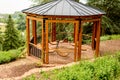 wood gazebo back yard garden with some empty swings