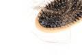Wood hairbrush on white background. Close-up with long brown hair Royalty Free Stock Photo