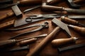 Wood handled vintage hand tools in full frame view Royalty Free Stock Photo