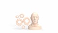 The wood head bust and gear group for business or technology concept 3d rendering