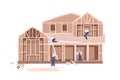 Wood house construction and renovation process. Workers contractors building home. Builders team work, constructing