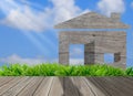 Wood house on green grass field in morning sky,environm