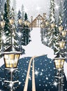 Wood house in the Winter snowy background. Road in the middle of the forest. Vector illustrations