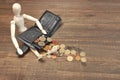 Wood Human Figurine, Empty Black Wallet And English Coins, Ove Royalty Free Stock Photo