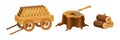 Wood industry material tools and products, sawn logs, wooden cart with firewood, tree stump with axe. Logs, boards for the forest