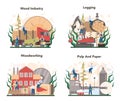 Wood industry and paper production concept set. Logging and woodworking