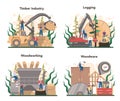 Wood industry and paper production concept set. Logging and woodworking