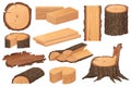 Wood industry raw materials. Realistic high detailed vector production samples. Tree trunk, logs, trunks, woodwork Royalty Free Stock Photo