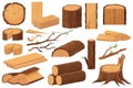 Wood industry raw materials. Realistic production samples collection. Tree trunk, logs, trunks, woodwork planks, stumps