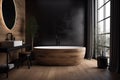 wood interior home modern 3d design furniture black luxury bathroom bathtub. Generative AI. Royalty Free Stock Photo