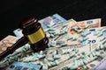 Wood judge`s gavel and scattered colorful drugs on the dollar an