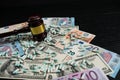 Wood judge& x27;s gavel and scattered colorful drugs on the dollar an Royalty Free Stock Photo