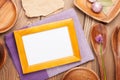 Wood kitchen utensils over wooden table background Royalty Free Stock Photo