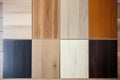 Wood laminate floor samples, vinyl tile. Assortment of parquet or laminate floor samples in natural colors