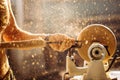 Wood lathe. Carpenter lathing wood Royalty Free Stock Photo