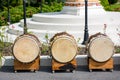 Wood and leather made Drum display popular festival in India and Thailand. Traditional drummers during Hindu festivals