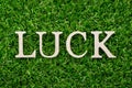 Wood letter in word luck on artificial green grass background