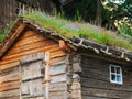 Wood log shed with flowers on the green turf roof Royalty Free Stock Photo