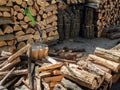 Wood logs, arranged in a pile on a sunny day Royalty Free Stock Photo