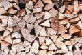 Wood logs pile background texture close up side view. Woodpile firewood fireplace concept copy space Royalty Free Stock Photo