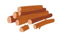 Wood logs pile. Heap of stacked forest lumber, cut timber. Sawn chopped tree trunks, beams lying. Hardwood pieces