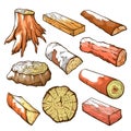 Wood logs and stubs set, natural wooden elements