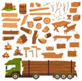 Wood logs, timber industry, wooden materia production, lumbers flat set with tree trunk, planks saw vector illustration