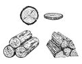 Wood logs, trunk vector sketch illustration. Hand drawn wooden materials. Firewood sketch set. Annual rings on a tree Royalty Free Stock Photo