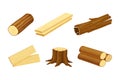 Wood lumber industry materials set. Tree trunks, logs, planks, stump. Hardwood timber elements vector illustration Royalty Free Stock Photo