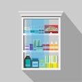 Wood Medicine cabinet inside have many medicine on the white background.Vector flat illustration.