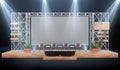 Wood and metal event stage with conference panel chairs, industrial design with giant screen, 3d rendering.