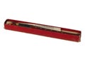 Wood musical instrument flute in red box on white background