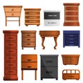 Wood nightstand icon set, cartoon style Royalty Free Stock Photo