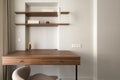 Wood office desk table , wood book shelves in modern interior.